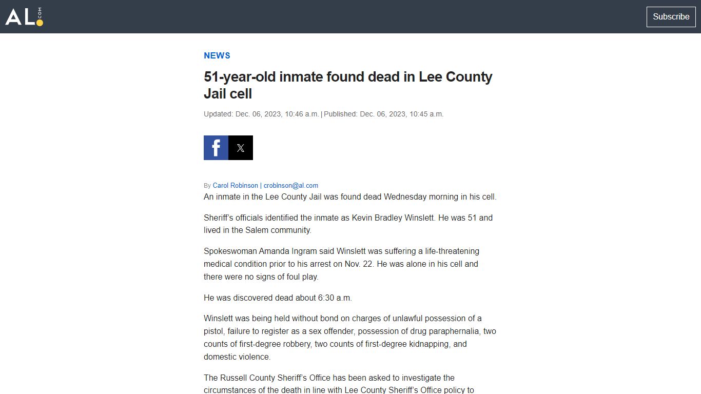 51-year-old inmate found dead in Lee County Jail cell - al.com